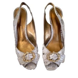 ❤️5/$25 Arturo Chiang Brocade Suede Leather Peep Toe Heels Beige Size 10 Neutral